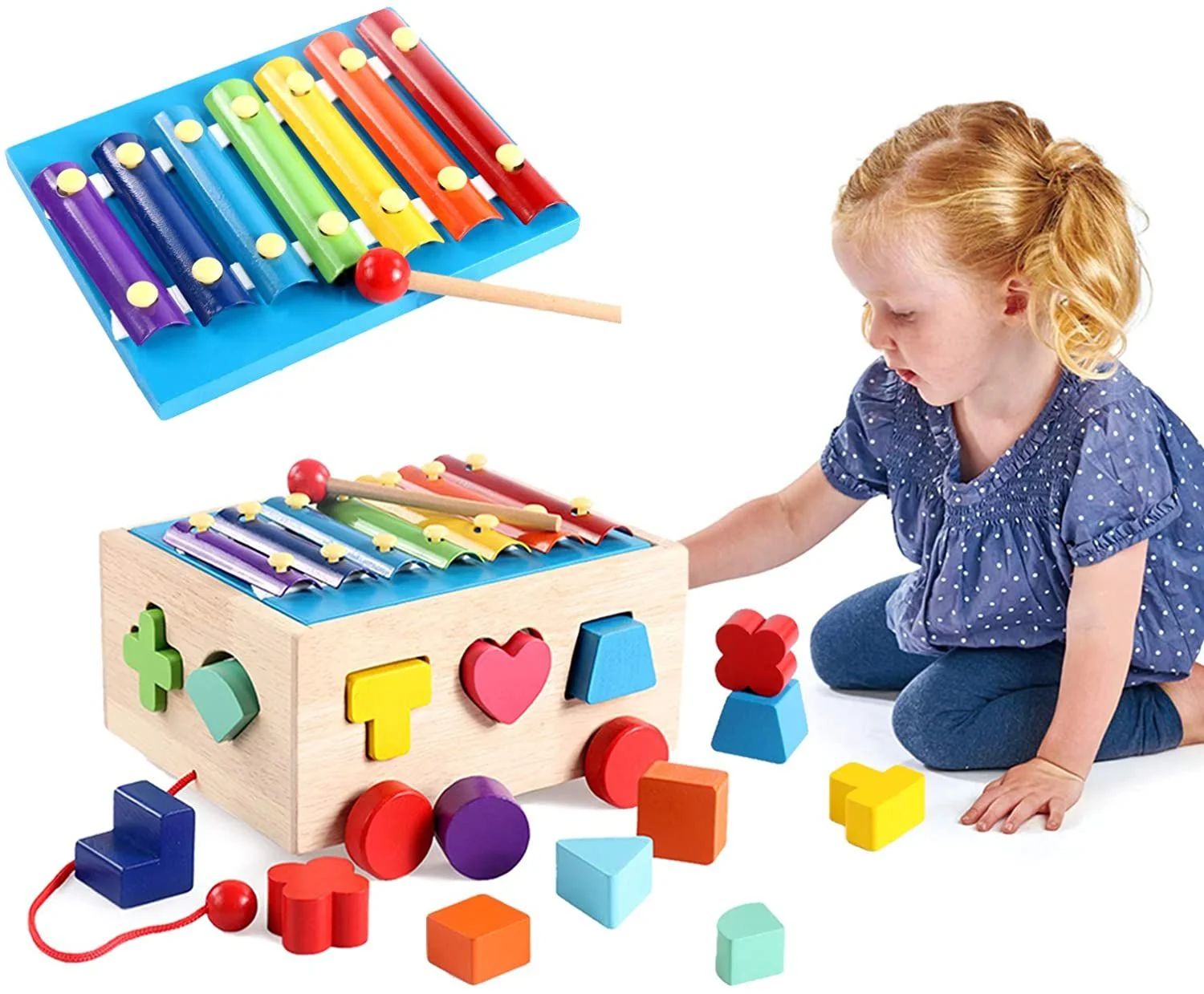 木製パズル 形合わせ プルトイ カラフル 多機能 引っ張る車 型はめ 赤ちゃん 子供 知育玩具 色認識
