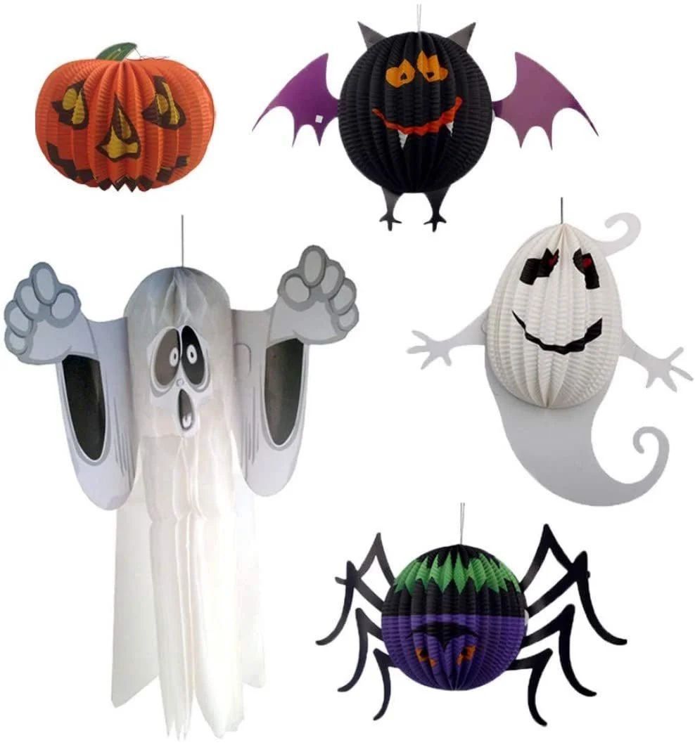 5種類セット 3D 提灯 ハロウィン 飾り 紙製 紙提灯 折りたたみ ランタン おばけ かぼちゃ ゴースト コウモリ クモ LEDライト 壁掛け