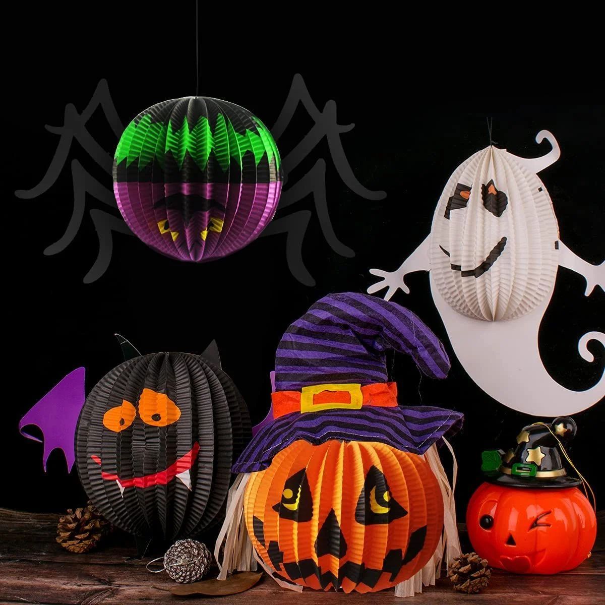3D 提灯 ハロウィン 飾り 紙製 紙提灯 折りたたみ式 ランタン おばけ　幽霊 かぼちゃ ゴースト コウモリ クモ 壁掛け　4点セット