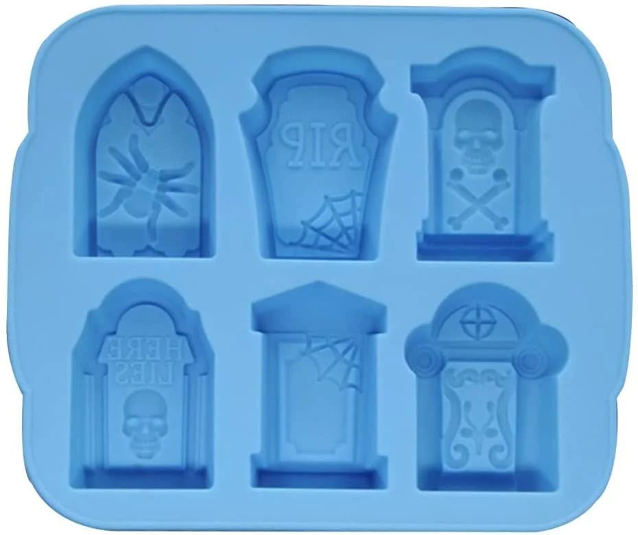ハロウィン 製氷皿 墓 シリコン ドクロ 氷格 氷型 アイスキューブ 金型 パーティー イベント 6穴 ブルー