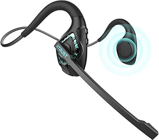 Earakuヘッドセット、Bluetooth 5.2、耳を塞がないイヤフォン、通話用、耳掛けイヤホン、マイク付き、ENCノイズキャンセリング、IPX5防水、軽量、1.0オンス（28 g）、テレワークに最適、Web会議/ズーム、ブラック/青