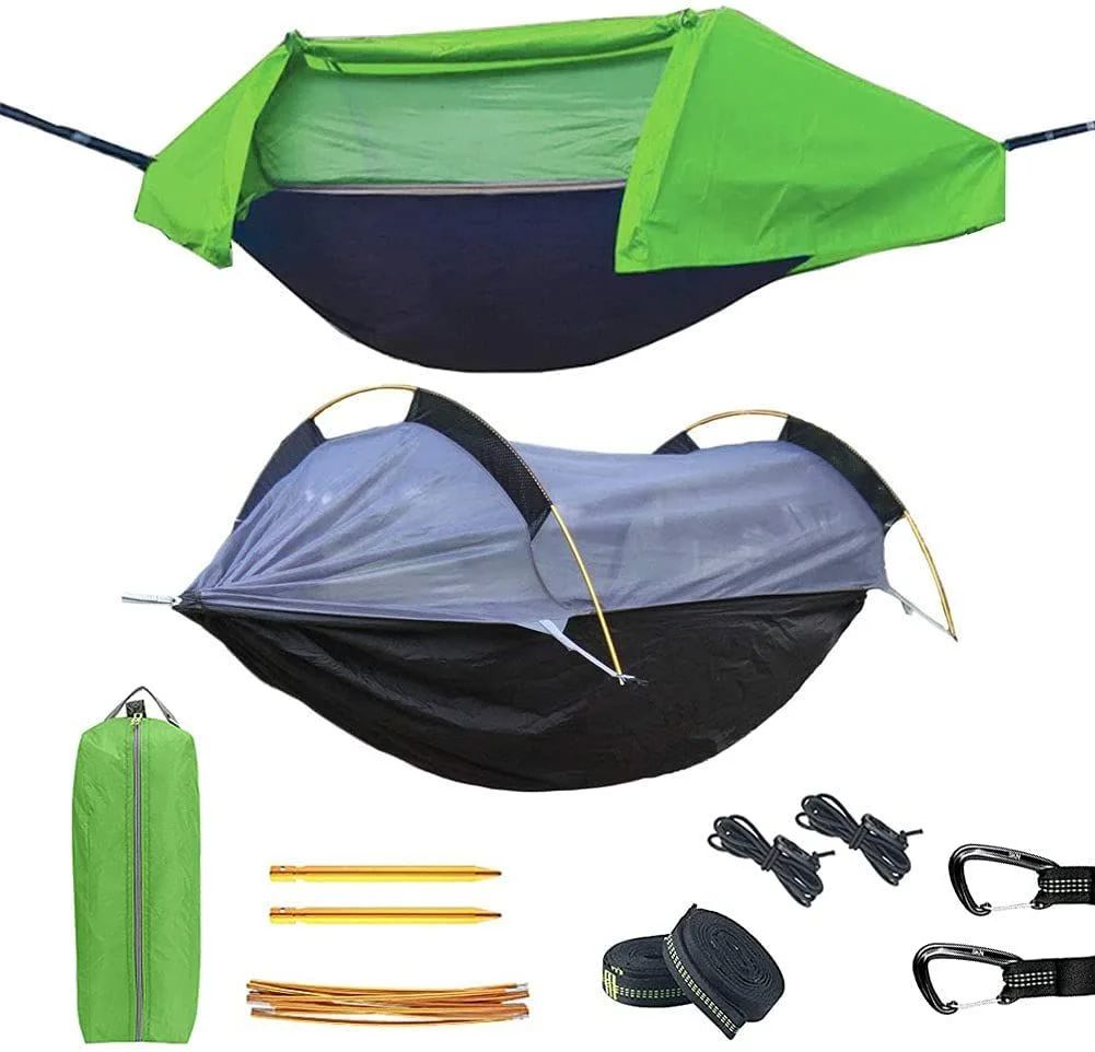 ハンモック テント 蚊帳付き 三合一 防雨カバー付き キャンプ 虫よけ 防水 風を防ぐ 通気 1〜2人用 折り畳み コンパクト 軽量 ポータブル 組立簡単 収納袋付き 屋外での外出、キャンプやハイキング、中庭での休憩などに適しています